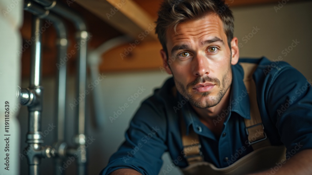 Portrait of a plumber in a dark work shirt, blurred plumbing system background. Competent, focused expression conveys expertise. No hands or tools shown. Portrait of a plumber in a dark work shirt, blurred plumbing system background. Competent, focused expression conveys expertise. No hands or tools shown.