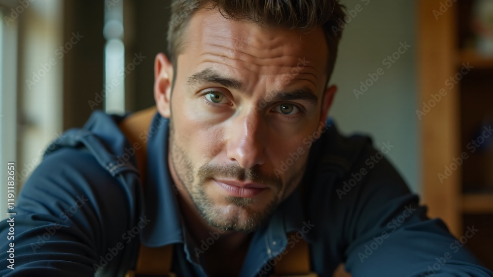 Fototapeta premium Portrait of a plumber in a dark work shirt, blurred plumbing system background. Competent, focused expression conveys expertise. No hands or tools shown.