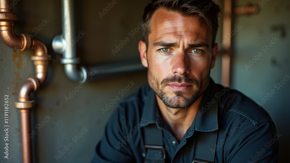 Portrait of a plumber in a dark work shirt, blurred plumbing system background. Competent, focused expression conveys expertise. No hands or tools shown. Portrait of a plumber in a dark work shirt, blurred plumbing system background. Competent, focused expression conveys expertise. No hands or tools shown.