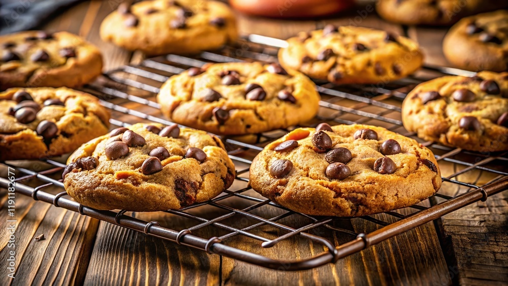 Warm Gooey Chocolate Chip Cookies Cooling on Wire Rack - Baking Bliss Stock Photo Warm Gooey Chocolate Chip Cookies Cooling on Wire Rack - Baking Bliss Stock Photo
