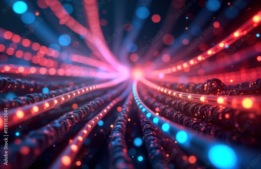 Abstract image shows glowing electric cables, LEDs. Intense colors radiate from optical fiber creating dynamic network. Futuristic concept of high-speed data transfer in digital cyberspace. Modern Abstract image shows glowing electric cables, LEDs. Intense colors radiate from optical fiber creating dynamic network. Futuristic concept of high-speed data transfer in digital cyberspace. Modern