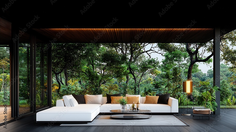 Fototapeta premium Contemporary Living Room with Cozy Sofa and Scenic Nature View through Large Glass Windows