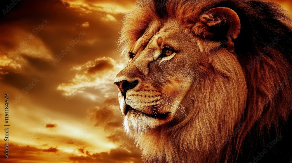 Naklejka premium Majestic Lion Profile Against Dramatic Sunset Sky