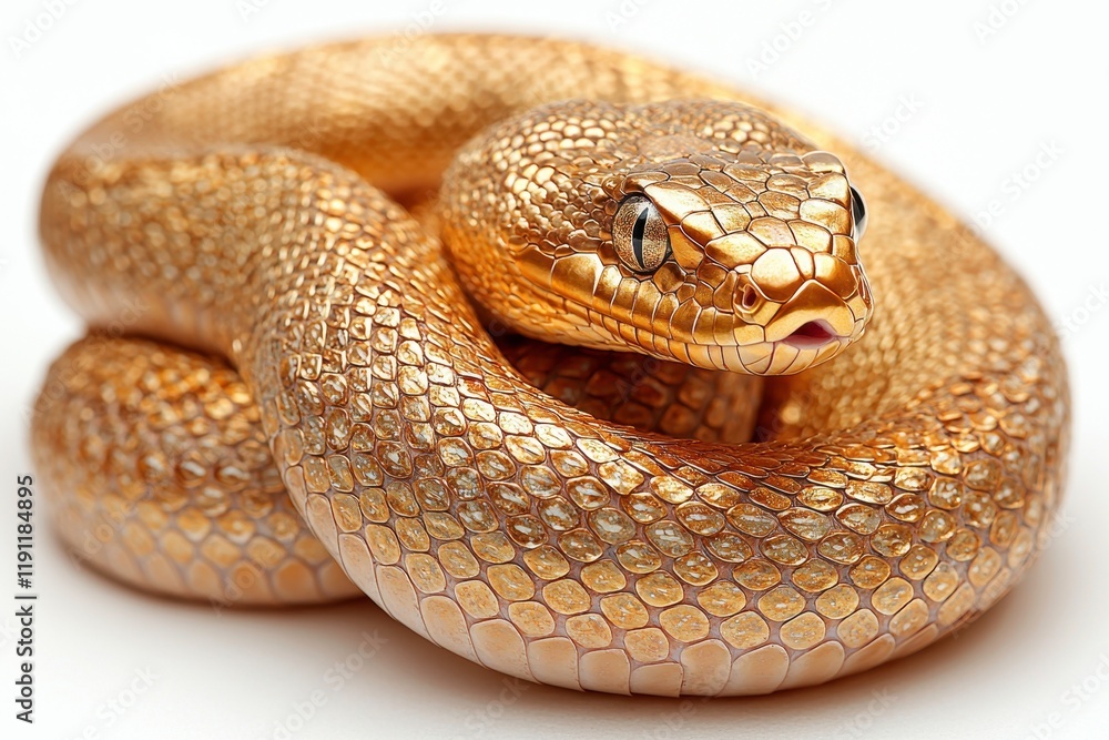 Obraz premium Golden Snake with Intricate Scales Displaying a Stunning Metallic Sheen on a Clean White Background for Nature and Wildlife Photography Projects