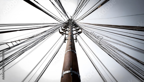 A tall, centralized electric pole with radiating cables photo