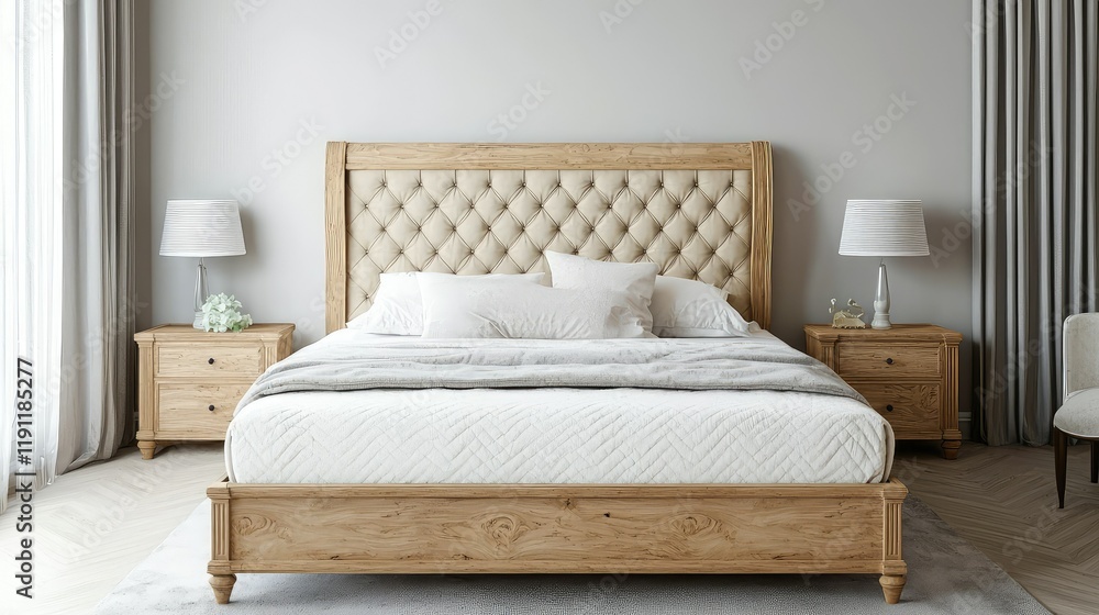 Obraz premium Cozy Modern Bedroom with Elegant Wooden Bed and Bright Decor