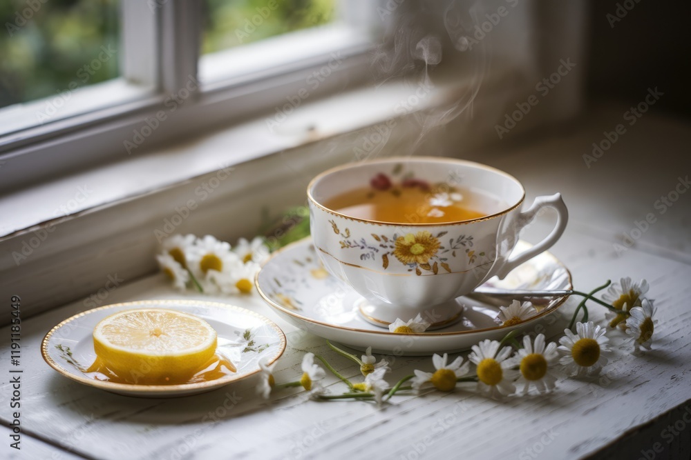 A steaming cup of tea with lemon slice and chamomile flowers on a window sill. A steaming cup of tea with lemon slice and chamomile flowers on a window sill.