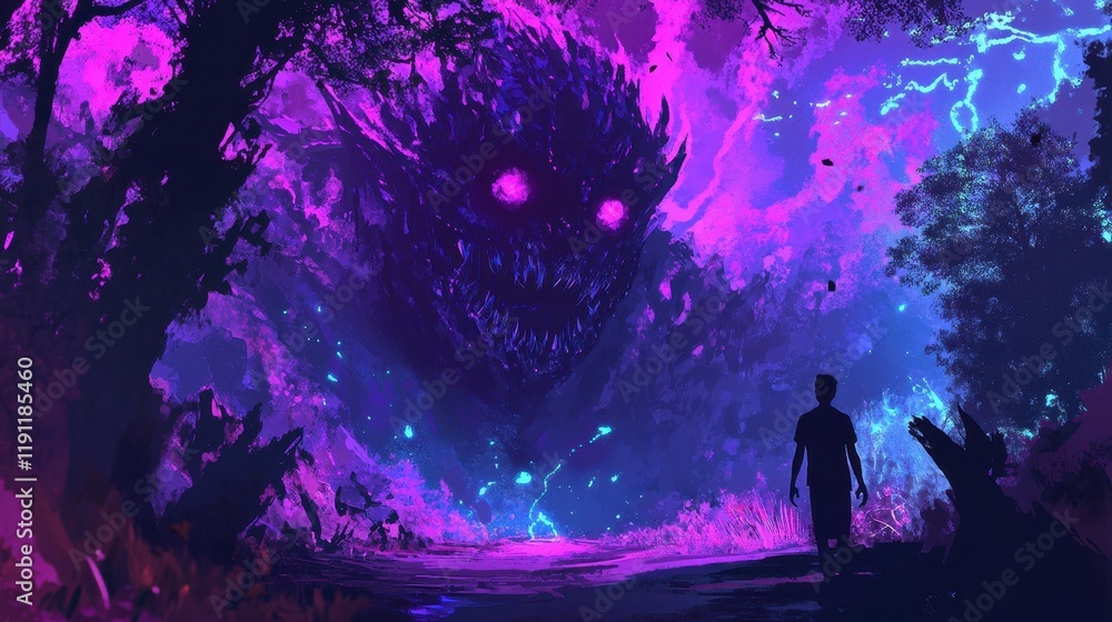 Obraz premium Man Contemplates a Glowing Purple Forest Monster