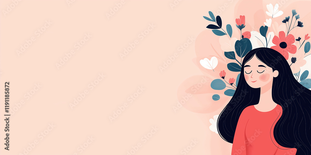 Illustration of a woman surrounded by colorful flowers on pastel background, celebrating International Women’s Day, minimalist design perfect for empowerment themes. Illustration of a woman surrounded by colorful flowers on pastel background, celebrating International Women’s Day, minimalist design perfect for empowerment themes.