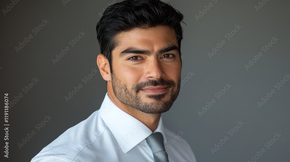 A man wearing a white shirt and a gray tie is smiling. He looks confident and well-dressed A man wearing a white shirt and a gray tie is smiling. He looks confident and well-dressed