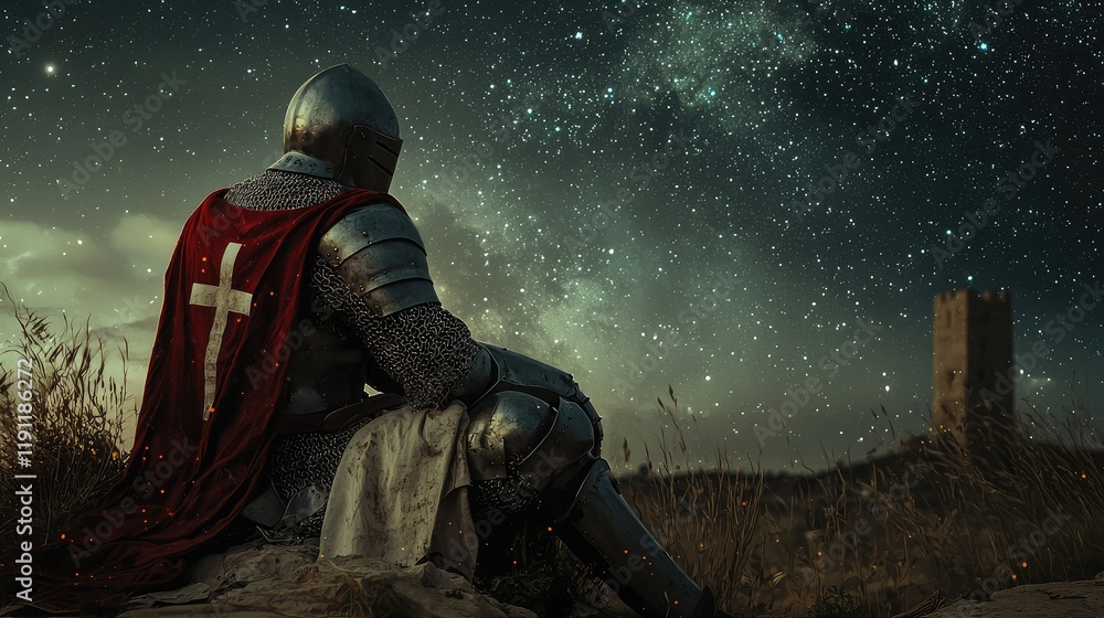 Contemplative Knight in Armor Under Starry Night Sky Landscape Contemplative Knight in Armor Under Starry Night Sky Landscape