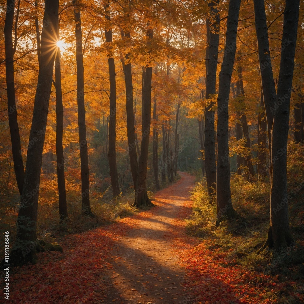 Fototapeta premium A serene forest path bathed in golden sunlight during the autumn season. The ground is carpeted with vibrant red leaves, creating a stunning contrast against the warm hues of the setting sun.