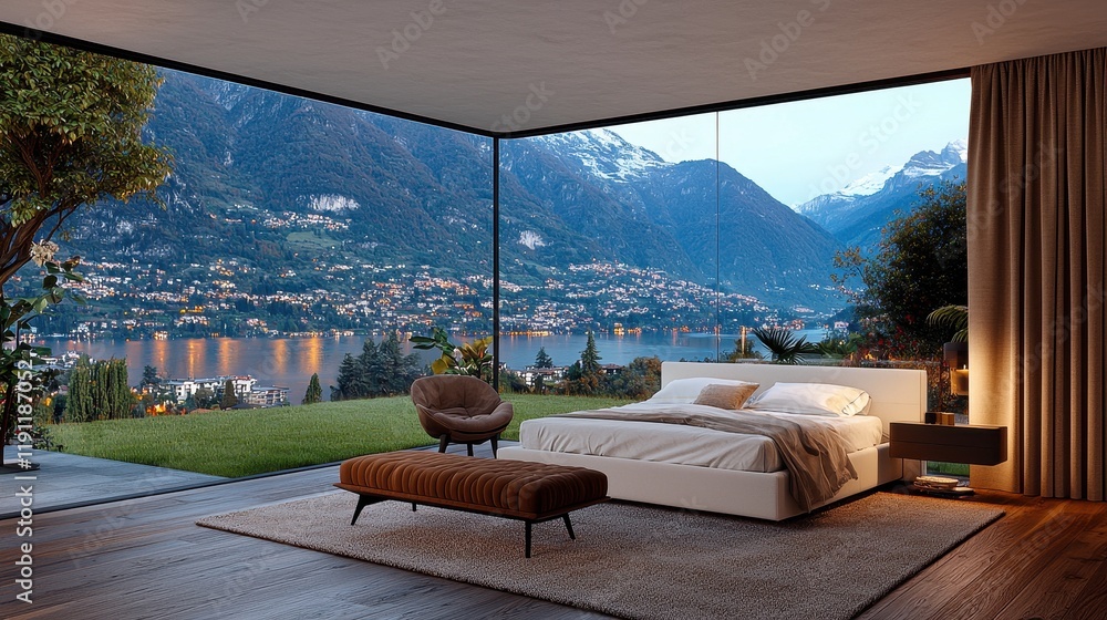 Fototapeta premium Modern bedroom interior with stunning lake and mountain view through large glass windows