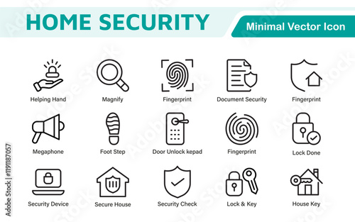 Home Security Icon Set. A comprehensive collection of icons focused on safety and protection, perfect for enhancing security apps, websites, and marketing materials aimed at home safety solutions.