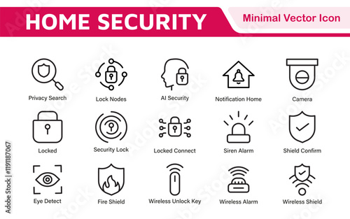 Home Security Icon Set. A comprehensive collection of icons focused on safety and protection, perfect for enhancing security apps, websites, and marketing materials aimed at home safety solutions.