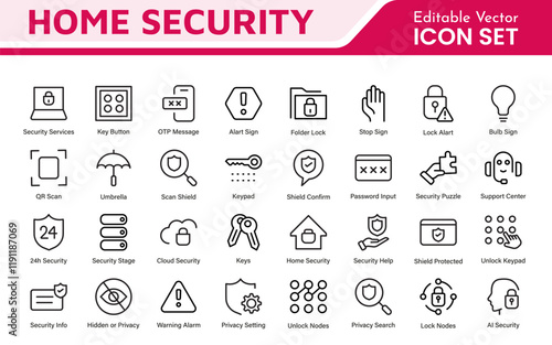 Home Security Icon Set. A comprehensive collection of icons focused on safety and protection, perfect for enhancing security apps, websites, and marketing materials aimed at home safety solutions.