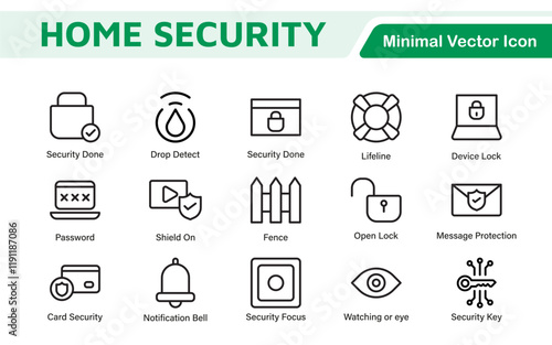 Home Security Icon Set. A comprehensive collection of icons focused on safety and protection, perfect for enhancing security apps, websites, and marketing materials aimed at home safety solutions.