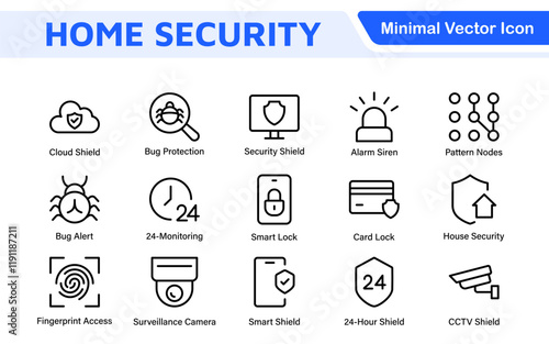 Home Security Icon Set. A comprehensive collection of icons focused on safety and protection, perfect for enhancing security apps, websites, and marketing materials aimed at home safety solutions.