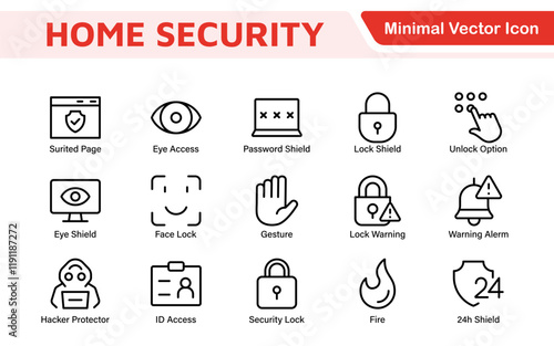 Home Security Icon Set. A comprehensive collection of icons focused on safety and protection, perfect for enhancing security apps, websites, and marketing materials aimed at home safety solutions.