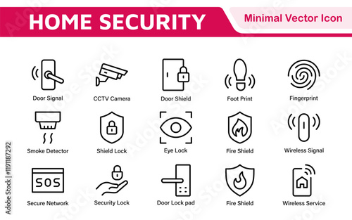 Home Security Icon Set. A comprehensive collection of icons focused on safety and protection, perfect for enhancing security apps, websites, and marketing materials aimed at home safety solutions.