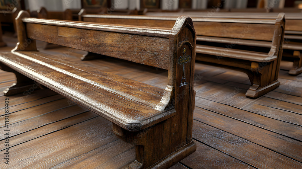 Interior View of a Beautiful Church with Rustic Wooden Benches and Elegant Architecture Interior View of a Beautiful Church with Rustic Wooden Benches and Elegant Architecture