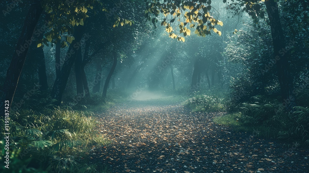 Fototapeta premium Tranquil Forest Pathway with Sunlight Filtering Through Leaves