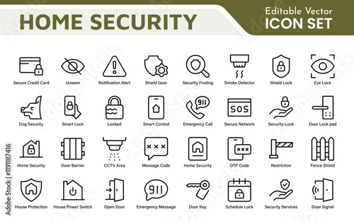 Home Security Icon Set. A comprehensive collection of icons focused on safety and protection, perfect for enhancing security apps, websites, and marketing materials aimed at home safety solutions.