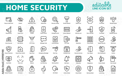 Home Security Icon Set. A comprehensive collection of icons focused on safety and protection, perfect for enhancing security apps, websites, and marketing materials aimed at home safety solutions.