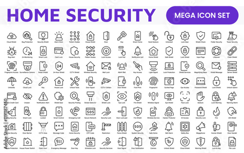 Home Security Icon Set. A comprehensive collection of icons focused on safety and protection, perfect for enhancing security apps, websites, and marketing materials aimed at home safety solutions.