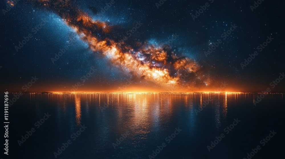 Naklejka premium Milky Way over city lights reflected in water.