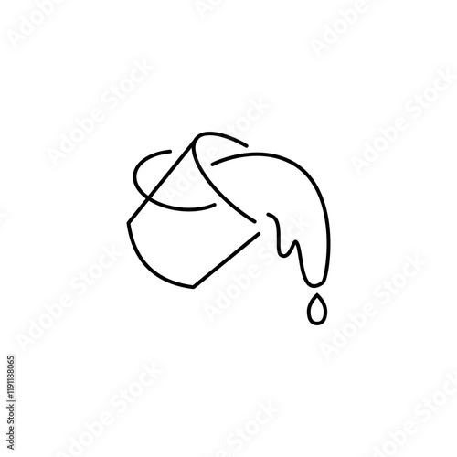 Water is poured out of bucket. Overturned pail with liquid and splashes with drops. Sketch cartoon illustration