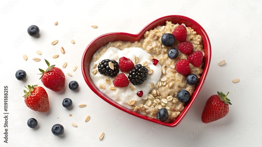 Oatmeal porridge with berry and yogurt in red bowl in the heart shape, top view. Oat flakes healthy breakfast meal. Clean eating, dieting, healthy food. Copy space Oatmeal porridge with berry and yogurt in red bowl in the heart shape, top view. Oat flakes healthy breakfast meal. Clean eating, dieting, healthy food. Copy space