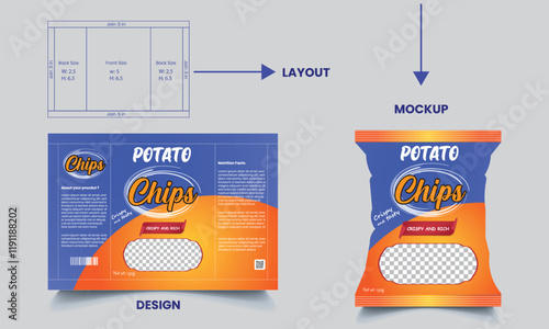 Potato chips package design, realistic vector design, chips design, chips packaging, packaging, chips, vector illustration