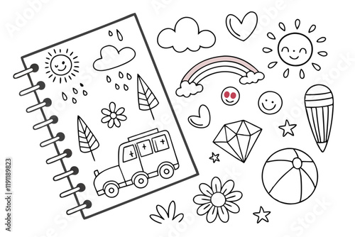 Hand-drawn doodles, black and white sketches, simple icons, weather symbols, nature elements, everyday objects, emojis, abstract shapes, stick figures, cartoon animals, speech bubbles, geometric forms