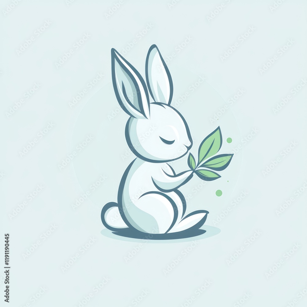 Fototapeta premium Serene white rabbit holding leaves, pastel background, logo design