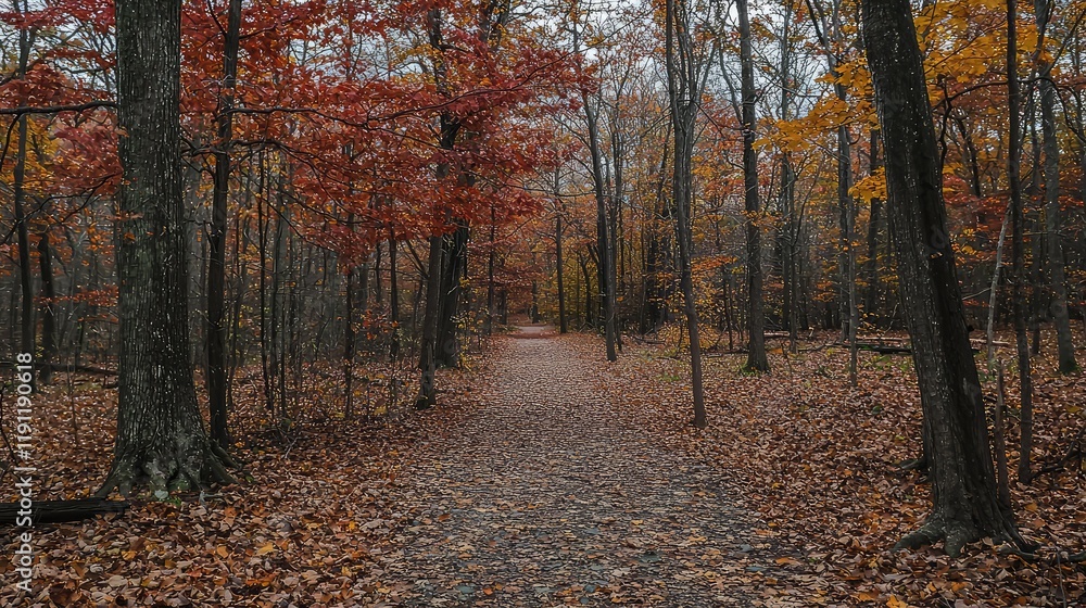 Obraz premium Tranquil Autumn Pathway Through Vibrant Colorful Forest Scene