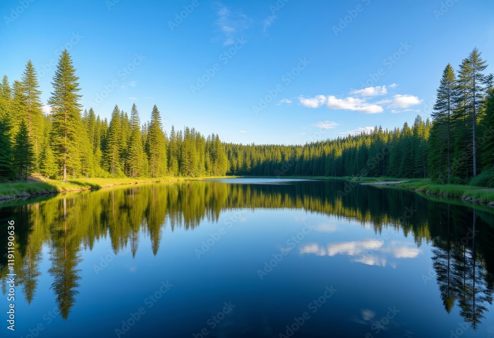 Still lake reflection of forest and sky Still lake reflection of forest and sky