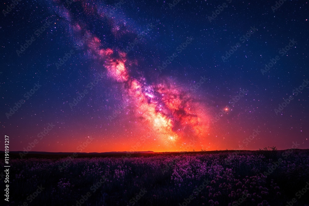 Fototapeta premium Starry night sky over purple wildflowers.