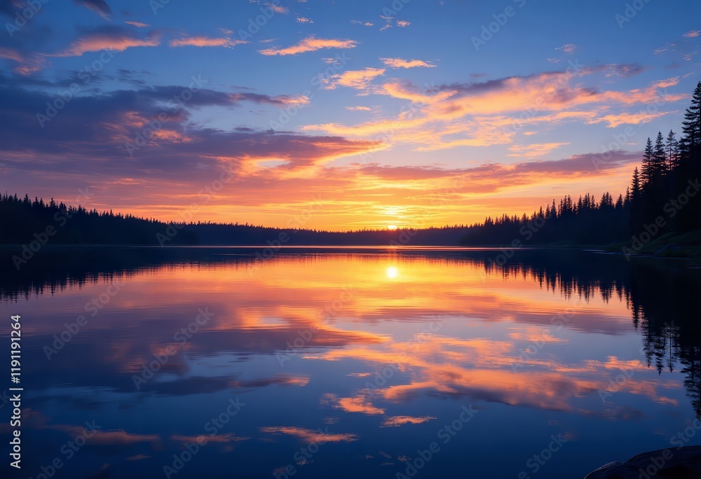Sunset sky reflects in water with silhouetted trees Sunset sky reflects in water with silhouetted trees