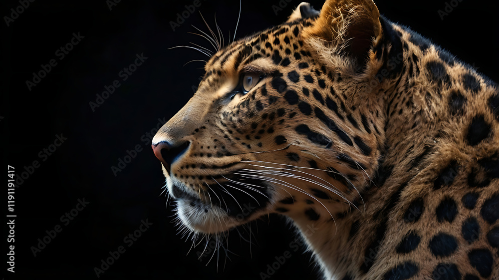 Fototapeta premium Far Eastern leopard, profile portrait. Beautiful panther leo on dark background 