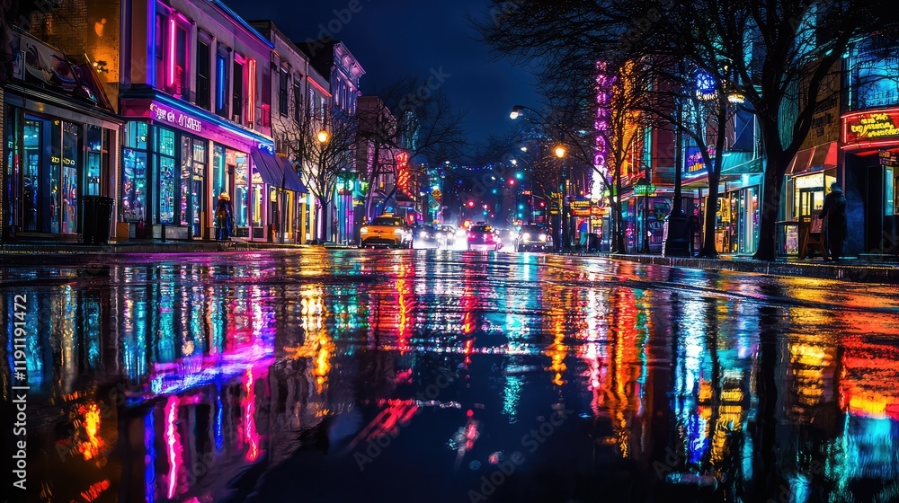 Vibrant Night Scene with Reflections on Wet Street and Colorful Lights Vibrant Night Scene with Reflections on Wet Street and Colorful Lights