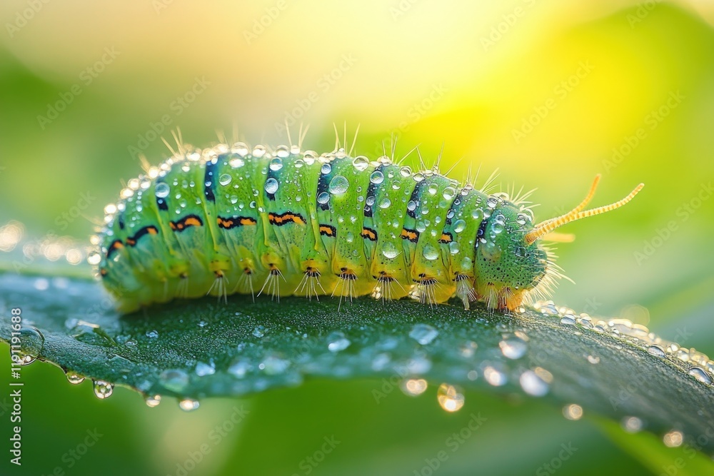 Dew-covered caterpillar on leaf, sunlit. Dew-covered caterpillar on leaf, sunlit.