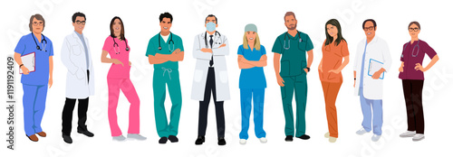 Set of doctors, nurses, paramedics. Different male and female medic workers in uniform with stethoscopes. Flat cartoon vector illustration isolated
