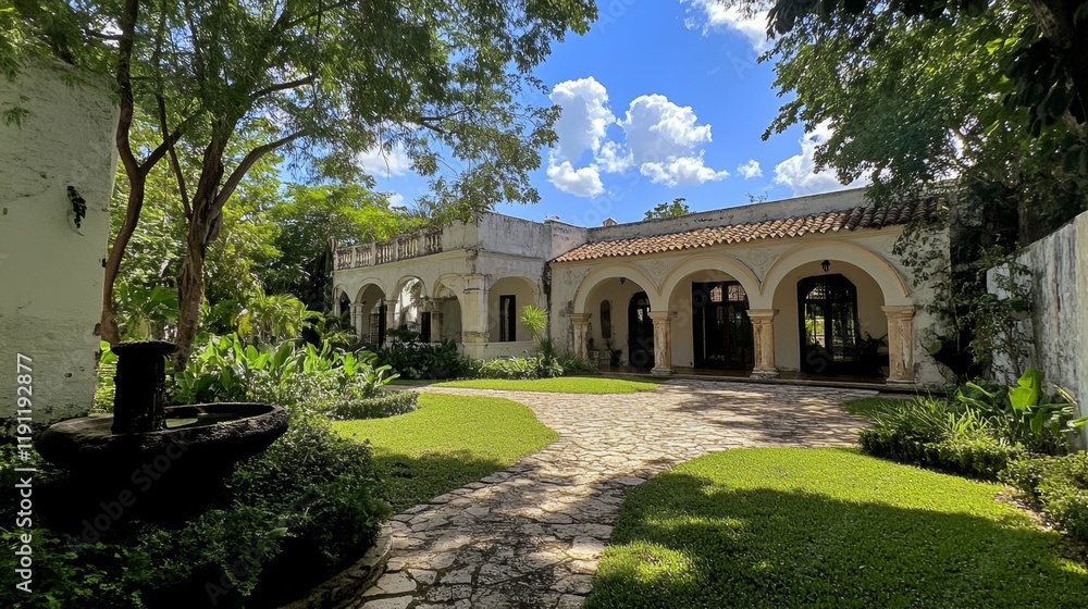 Obraz premium Stunning Courtyard Home with Lush Garden