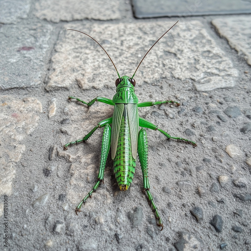 Green katydid showcasing intricate details on stone surface