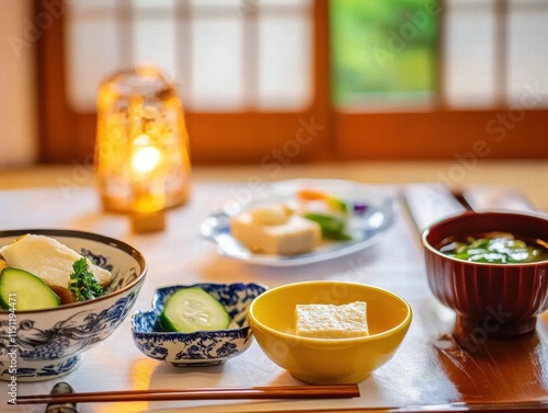 Enjoying a Traditional Tofu Meal Japanese Home Food Setting Cozy Atmosphere Close-up Geometric Ceramics photo