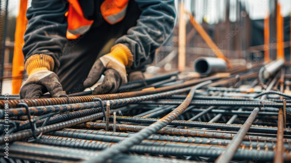 A close-up of a construction worker assembling steel reinforcement bars for concrete, with construction tools and safety gear visible, looking at the camera A close-up of a construction worker assembling steel reinforcement bars for concrete, with construction tools and safety gear visible, looking at the camera