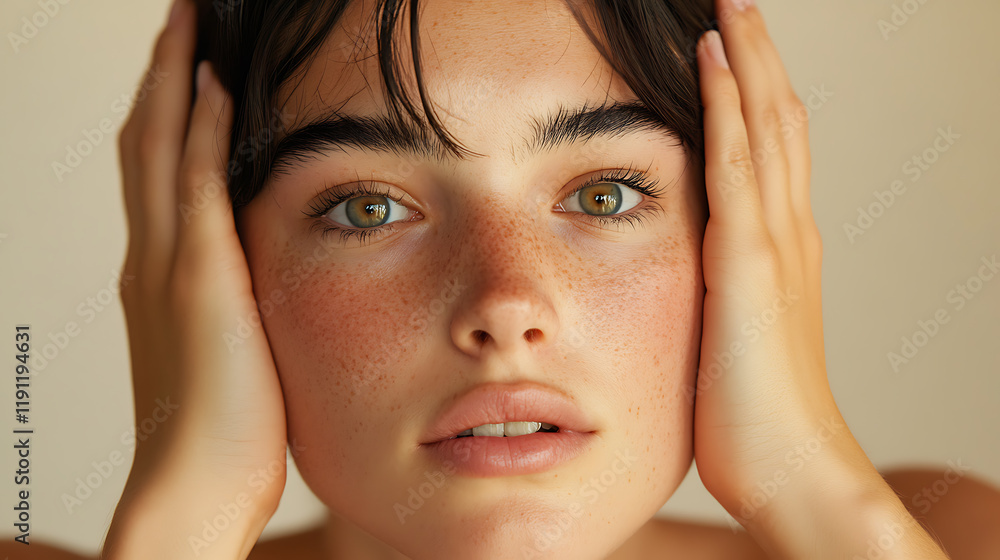 Fototapeta premium Emotional portrait of a young woman indoor setting close-up photography neutral background intimate viewpoint