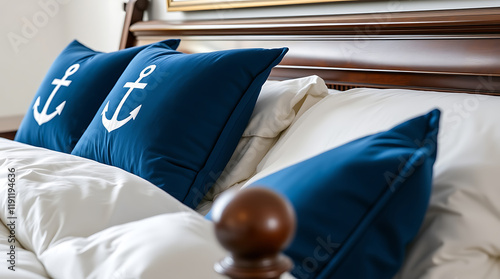 Serene Coastal Bedroom Decor: Navy Blue Pillows with White Anchors photo