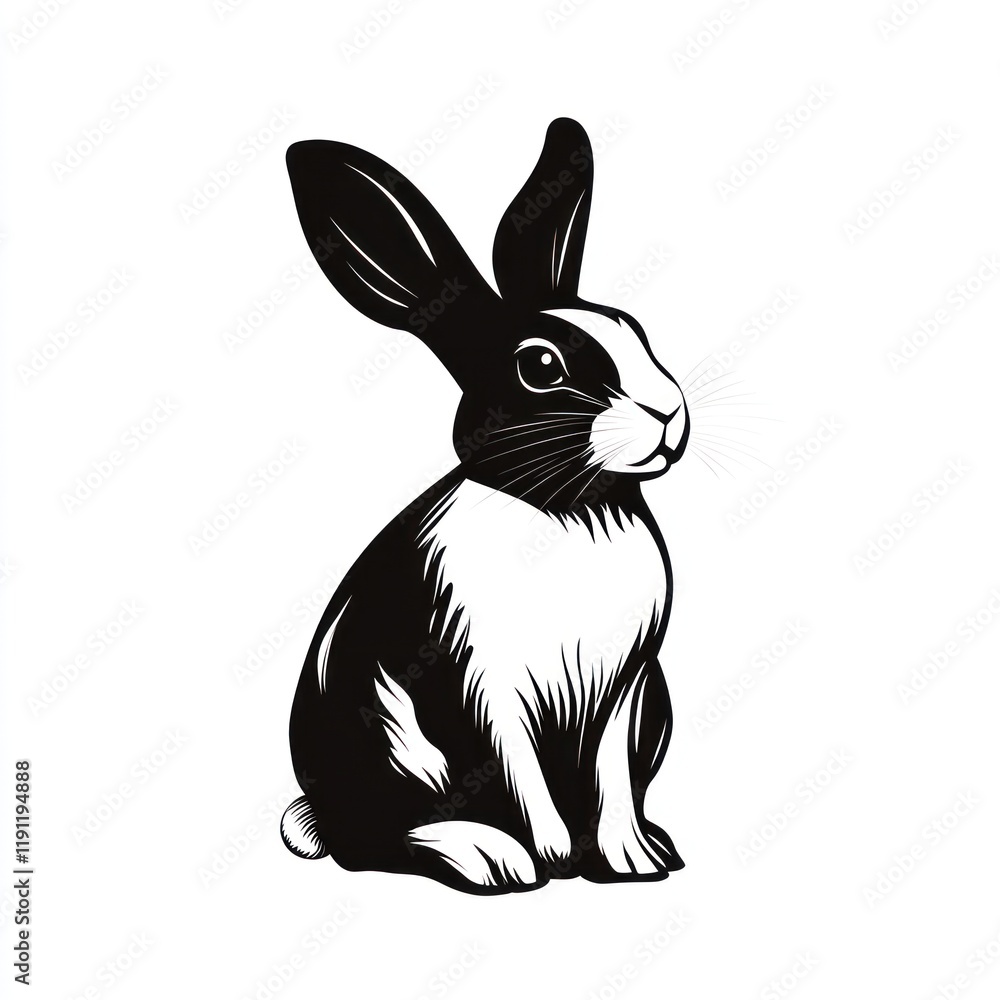 Fototapeta premium Black and white rabbit illustration, sitting, isolated, simple background, perfect for design